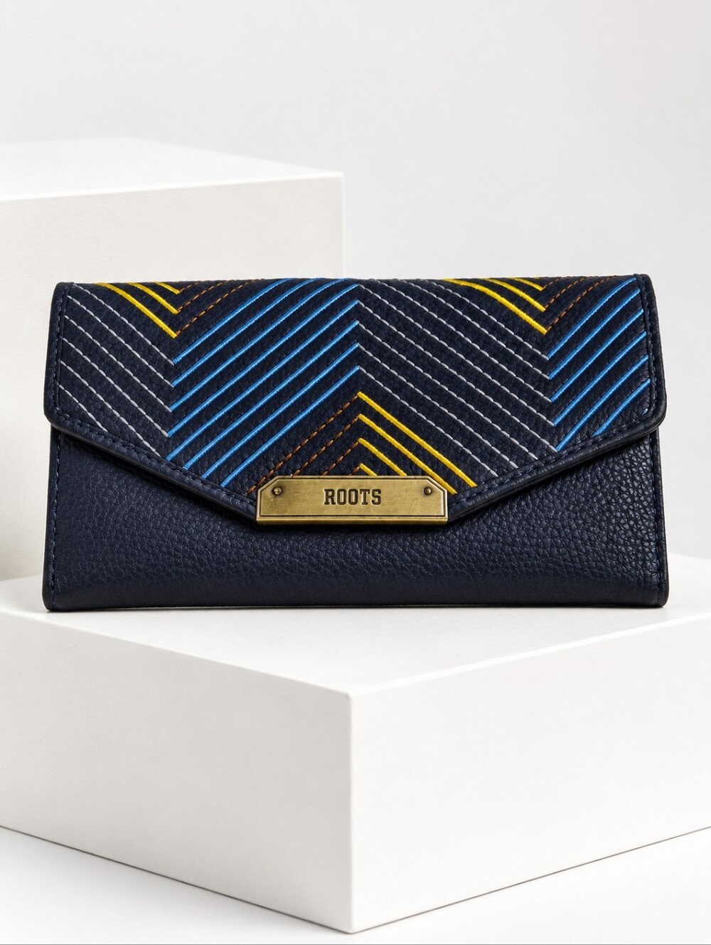 Roots Navy Leather Embroidered Chevron Envelope Wallet